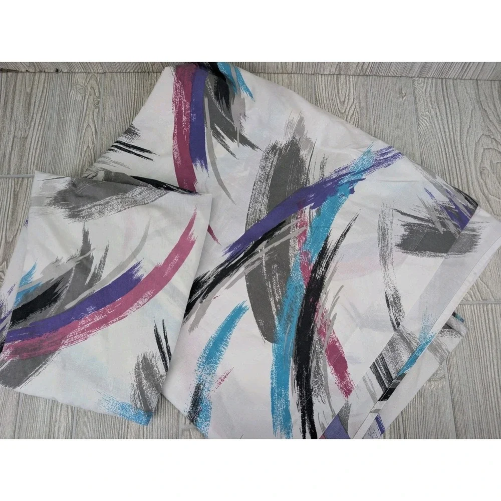 Vintage 90s Paint Stroke Twin Sheets Teal Purple Flat Fitted USA 80s Retro